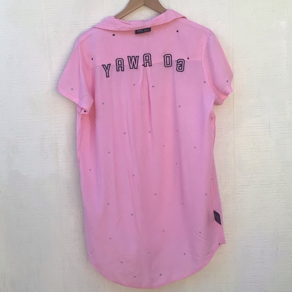 Lazy Oaf Go Away pink polka dot button up shirt dress - Picture 5 of 16